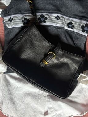 Vintage Black Leather Purse with Gold Hardware- Toni